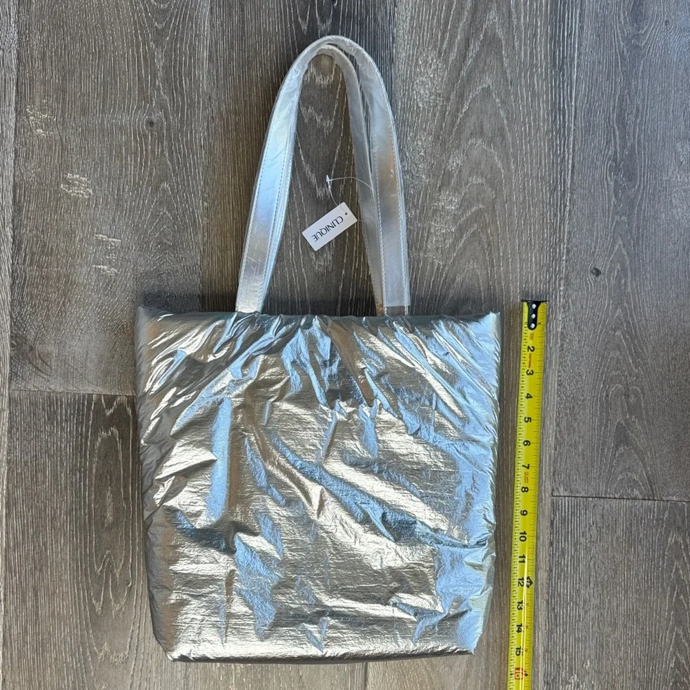 Clinique Silver Metallic Tote with Green Logo Accent